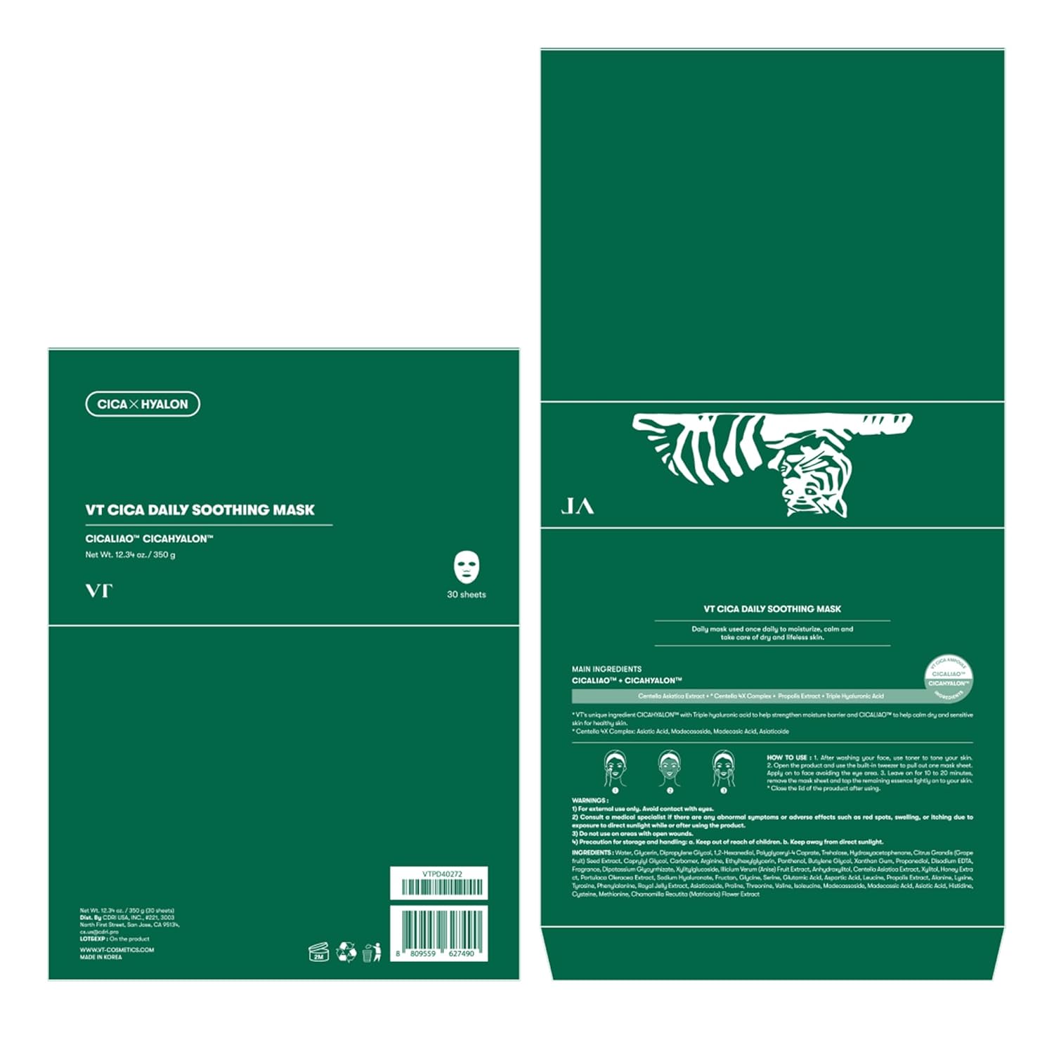 VT COSMETICS CICA Daily Soothing Mask - 30 Sheets with Centella Asiatica & Hyaluronic Acid for Hydration & Glow
