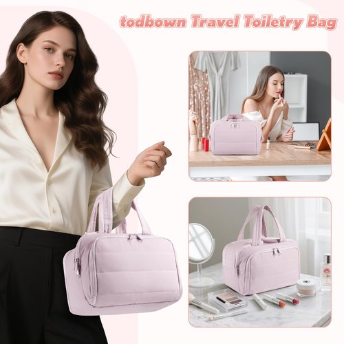 todbown Travel Toiletry Bag:  Large Capacity, 4 Compartments, Wet/Dry Separation, Ultra-Soft Lightweight Fabric & Anti-Spill Design for Travel,Gym,Gift(11.8" L) (Soft Pink)