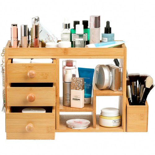 Elsjoy Large Countertop Bamboo Makeup Organizer with 3 Drawers, 12-Grid Lipstick Holder, Jewelry Hanging Hooks, Makeup Brush Holder, Desktop Wood Cosmetic Organizer Stand for Vanity