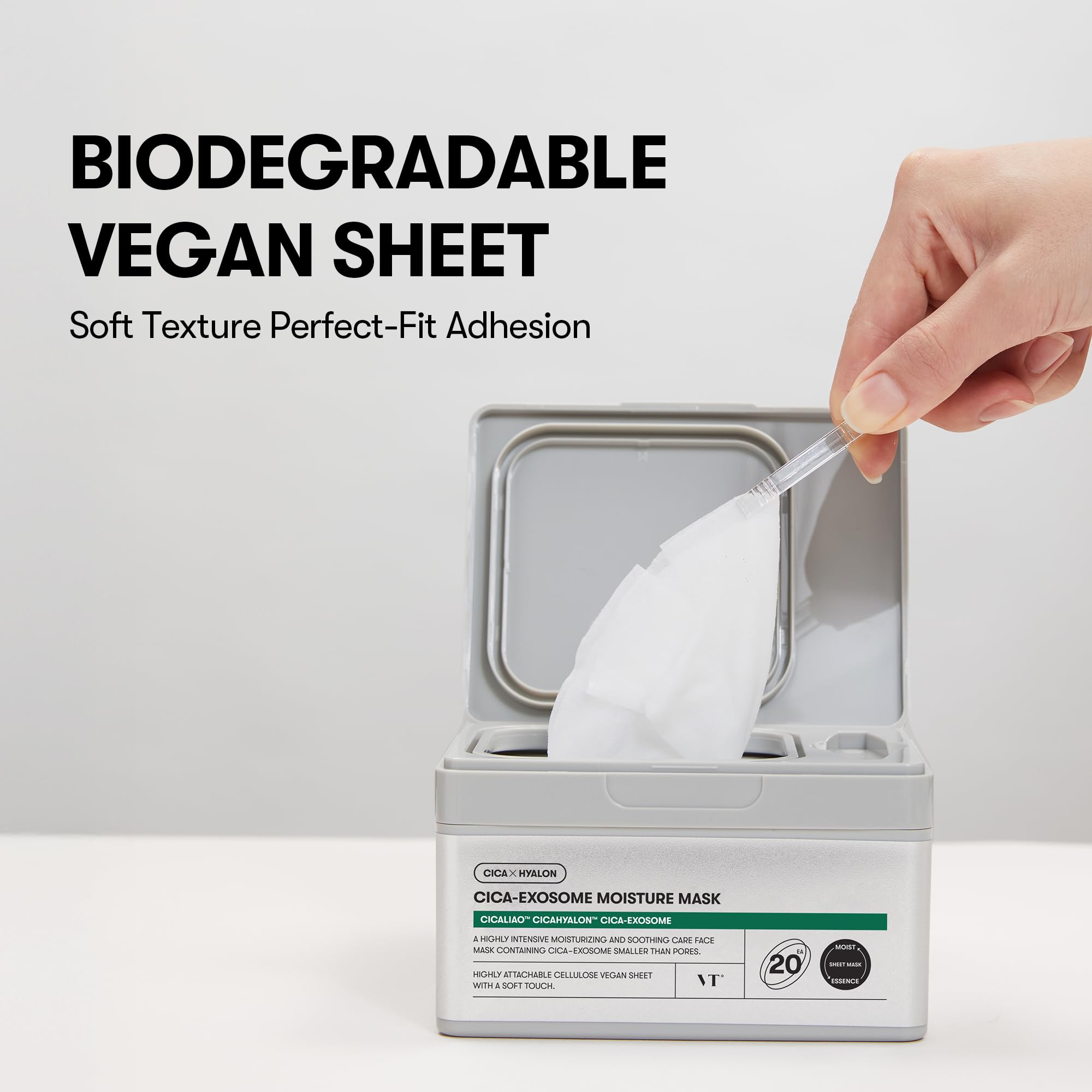 VT COSMETICS Cica-Exosome Moisture Mask 20 Sheets, Centella Asiatica & Hyaluronic Acid with Exosomes for Deep Hydration & Calming, Biodegradable Vegan Sheets, Korean Face Mask
