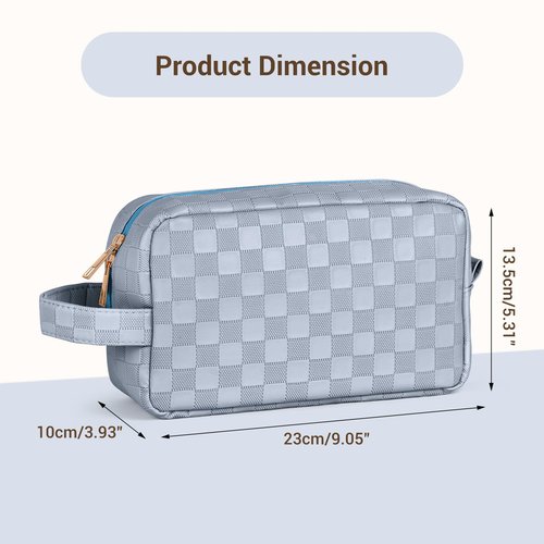 MAGEFY Makeup Bag, Checkered Travel Cosmetic Bag with Handle Leather Makeup Pouches for purse Make Up Bag Cute Makeup Bags for Women,Blue Haze