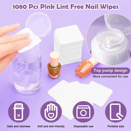 1080 + 3 Pcs Lint Free Nail Wipes Kit, Disposable Nail Polish Remover Pads Non-Woven Nails Eyelash Extensions Wipes, Nail Polish Remover Wipes with 200 ML Bottle, 2 Pcs Cuticle Pusher (White)