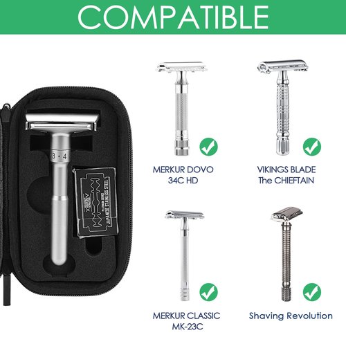 Linkidea Hard Shell Travel Case with Shaving Kit Storage for Short/Long Handled Razor Blades and Attachments - Compatible with Double Edge Safety Razors