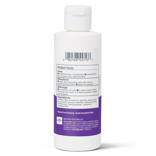 Medline Remedy Essentials Moisturizing Body Lotion (4 oz Bottle), Unscented, Hydrating, Non-Greasy, For Dry Skin, Hypoallergenic, Men, Women, Elderly (Pack of 2)