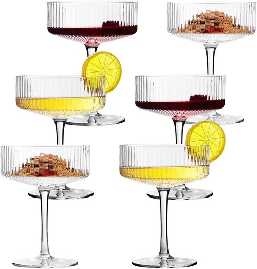 Skiennix 6 Pcs Ribbed Coupe Cocktail Glass Set - Elegant 10 oz Hand Blown Martini Glasses with Gift Box