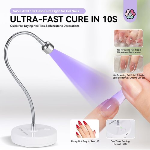 SAVILAND Gooseneck UV Light for Gel Nails: Touch Switch 12W U VNail Lamp 5S Quick Drying LED Flash Cure Lamp Rechargeable Gel Flash Cure Light 3 Timers Setting 360° Adjustable Home Salon Manicure