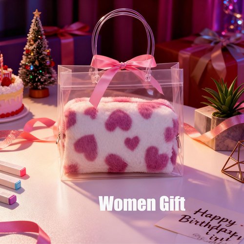 HABUAETY Makeup Bag Small Cosmetic Bags for Purse Women Girls Plush Simple Heart Make Up Pouch