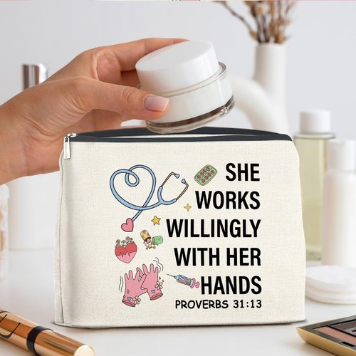 UPNEGE Nurse Makeup Bag Gifts for Women, RN Nurse Practitioner Nursing Assistant Christian Gifts Proverbs 31:13 Cosmetic Bag Zipper Pouch