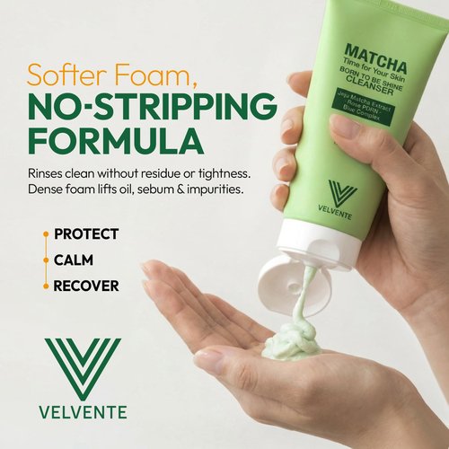 VELVENTE Matcha Gentle Facial Cleanser, Green Tea Low-pH Face Wash for Pore Refining Cleanser, Rose PDRN Hydrating Daily Facial Wash Acne Prone & Sensitive Skin Friendly, Korean Skincare(5.07 fl.oz.)