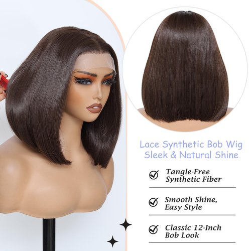 JANATOUCH Short Lace Front Bob Wig for Women,Straight 12 Inch Shoulder Length Hair with wig, Realistic Middle Part Synthetic Wig for Daily & Office Wear