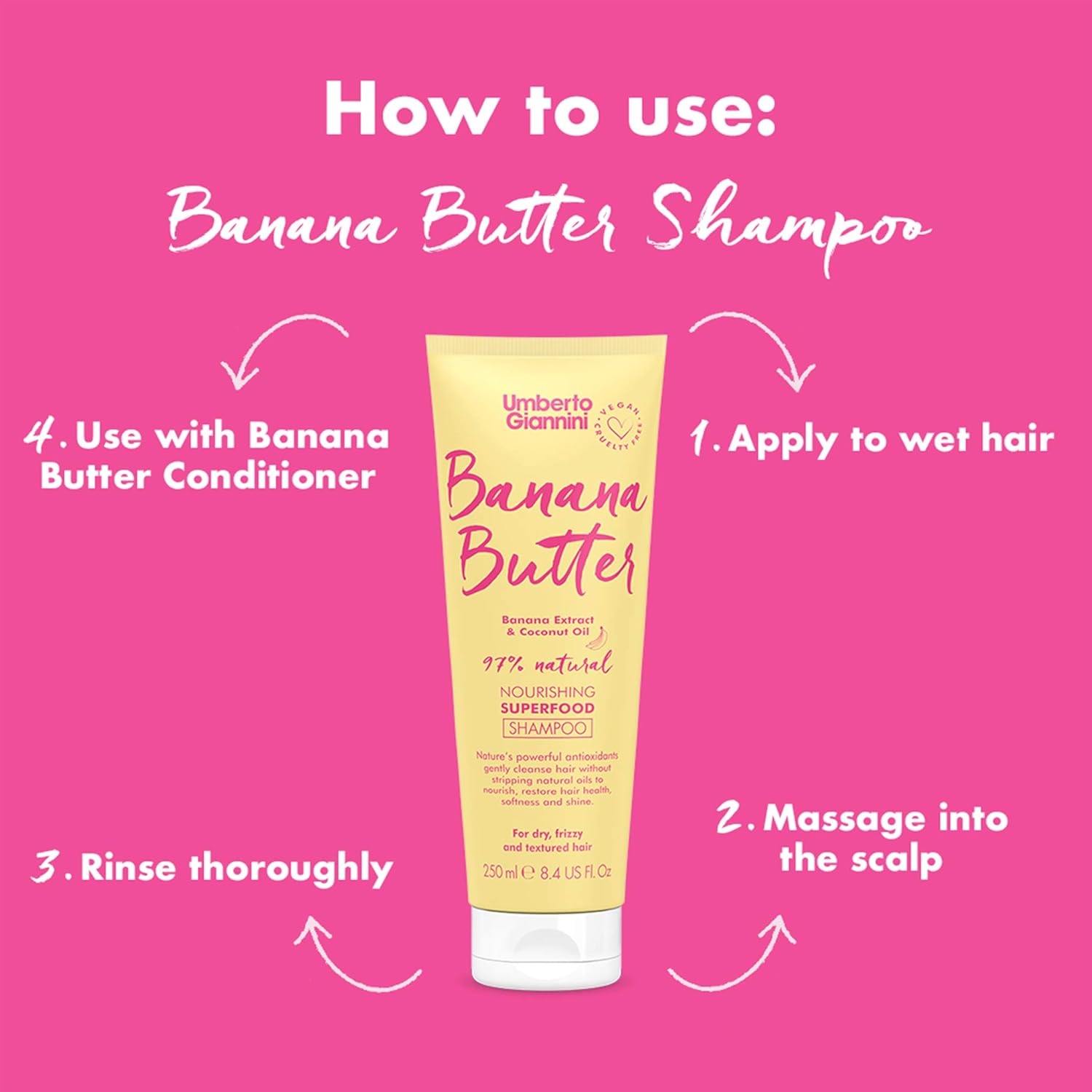 Umberto Giannini Banana Butter Shampoo - Nourishing Vegan Formula for Dry, Textured, Frizzy Hair