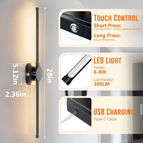 HEERTTOGO Battery Operated Wall Sconces - Set of 2 | 360° Rotatable Dimmable LED Lights with Remote Control