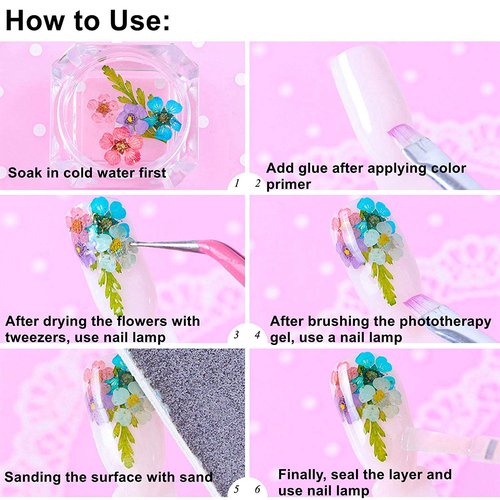 2 Boxes Nail Art Dried Flowers,UNIME 24 Colors Mini Real Natural Flowers Nail Art Supplies 3D Applique Nail Decoration Sticker for Tips Manicure Decor Accessories,Gypsophila