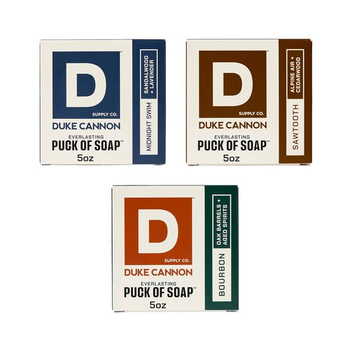Duke Cannon Supply Co. Men's Bar Soap Puck 3-Pack – Triple-Milled Hydrating Soaps in Midnight Swim, Sawtooth & Bourbon Scents | 5 oz Each