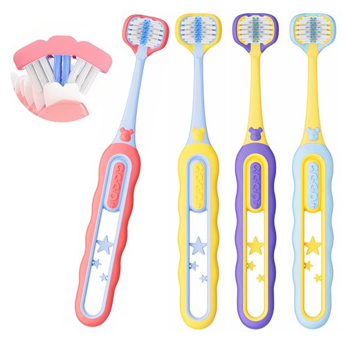 PANIMOSI Toddler Toothbrush 4 Pack, Soft Baby Toothbrush Efficient 3 Sided Kids Tooth Brush for Ages 1-12 Years, Infant Training Tooth Brush Complete Tooth and Gum Care, Easy to Grip(Patent)