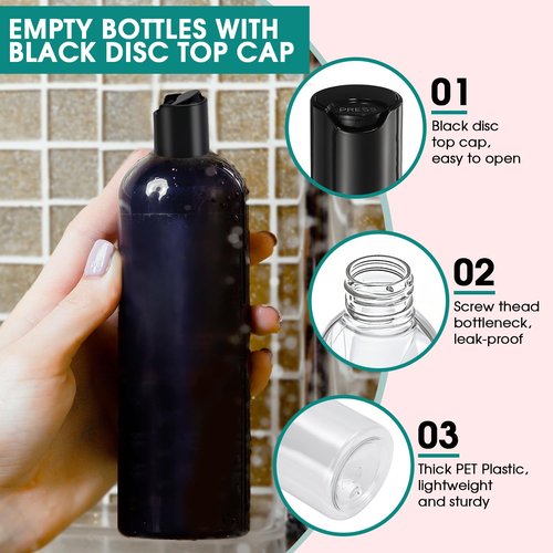 3Pcs 16 oz Clear Plastic Refillable Travel Shampoo and Conditioner Bottles with Black Disc Top Caps，Squeeze Empty Bottles Cosmetic Containers for Lotions, Body Soap Cream