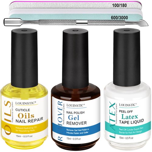 LOUINSTIC 3-in-1 Gel Nail Remover Kit – Gel Nail Polish Remover, Liquid Latex Peel-Off Tape, Cuticle Oil for Nails & Manicure Tools – Acetone-Free, Low Odor, Removes Gel in 2–5 Min, No Foil