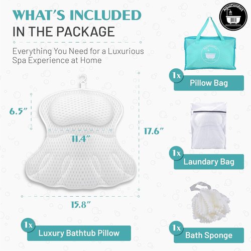 Bathtub Pillow, Luxury Bath Pillows for tub Neck, Back and Shoulder Support, Thick Padded, Ergonomic Bath Tub Pillow with 4D Air Mesh Cushions, Strong Suction Cups, Relaxing Bath Accessories Spa Gifts