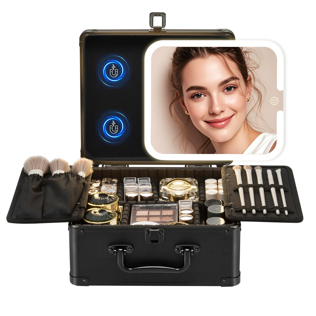 Yooaye Makeup Box with Detachable Lighted Mirror–Travel Train Case, Cosmetic Storage Organizer & Makeup Suitcase with Adjustable Dividers & Magnetic LED Mirror (Black)
