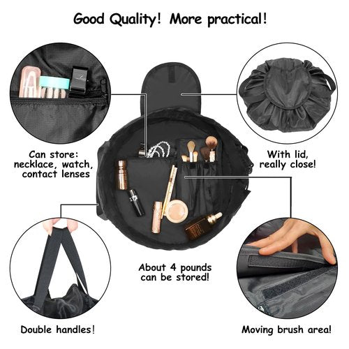 SUMBABO Drawstring Makeup Bag Open Flat – Barrel Drawstring Cosmetic Bag for Women Toiletry Bag for Travel with Brush Bag (Black)