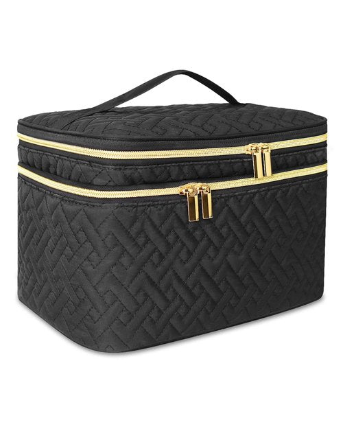 Loyzcy Makeup Bag Organiser for Women, Large Double Layer Cosmetic Make Up Bag with Brush Compartment, Portable and Water-Resistant Toiletry Bag Travel Essentials, Black