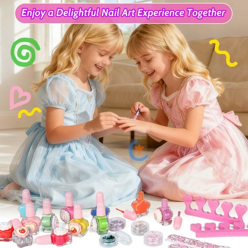 Kids Nails and Nail Polish for Girls, 144 Mini Press On for Kids, 12 Non-Toxic Nail Polish, Dryer, Gems Stickers, Cute Nail Stuff Gift for Girls Age 8-12