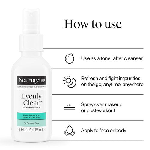 Neutrogena Evenly Clear Hypochlorous Acid Spray - Purifying Face & Body Mist for Acne-Prone Skin | 4 fl. oz