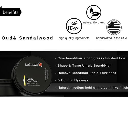 BAHAWAT Beard Balm Oud & Sandalwood - Styles, Strengthens & Softens Beards - Natural Beard Conditioner- ZERO GRIT Balm - reduces beard itch, 2 ounce