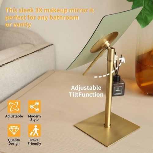 Gecious Bronze Table Standing Rectangular Vanity Makeup Mirror with 3X Magnification, Highly Adjustable, Crafted from 304 Stainless Steel, for Hotel Bathroom