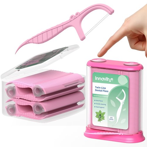 Innovihue Pink Push-Pop Dental Floss Picks Dispenser with 200-Count Refill Container, Twin-Line Mint Flossers (300 Total), Portable Oral Care for Home, Office, Travel