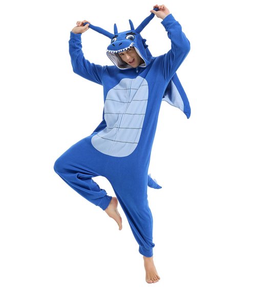 Focupaja Dragon Onesie Adults Animal Cosplay Halloween Pajamas Costumes Jumpsuit One Piece Sleepwear Blue Dragon Black Line XL