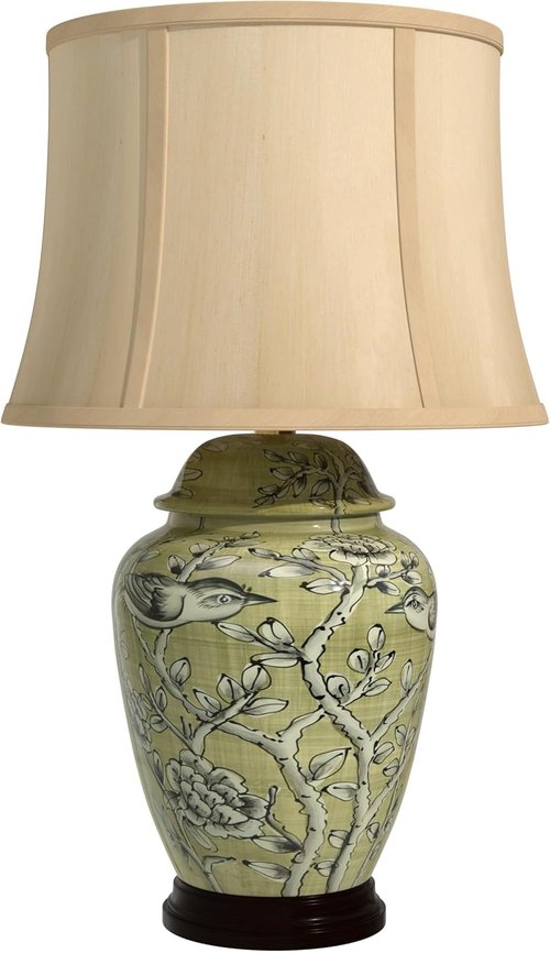 Red Lantern 25-Inch Jade Green Birds and Flowers Table Lamp - Elegant Home Décor Accent