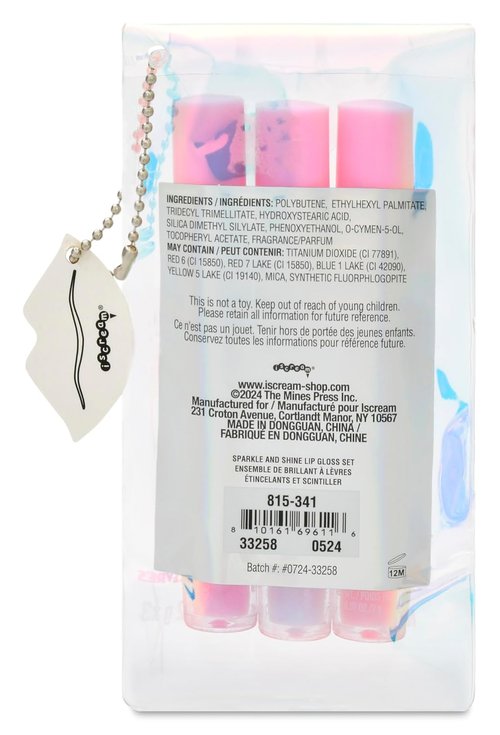 iscream Sparkle & Shine Lip Gloss Set - 3-Piece Pastel Collection with Cherry, Vanilla & Strawberry Scents