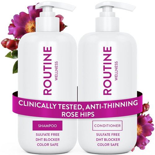 Routine Wellness Anti-Thinning Shampoo & Conditioner Set - Biotin DHT Blocker for Thinning Hair - Color Safe for Healthier Hair - Rose Hips (Pack of 2)