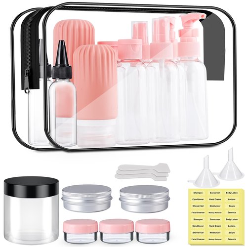 KOUWICH Travel Size Bottles for Toiletries 25Pack TSA Approved Toiletry Bottles Leak Proof Travel Kit with Clear Toiletry Bag Lotion Skincare Shampoo Cosmetic Container