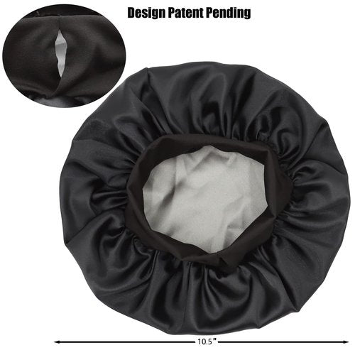 SENGTERM Kids Satin Bonnet Double Layer Wide Elastic Band Sleep Cap Hair Bonnet Silky Night Cap for Toddler Child (Kids Black&Pink)