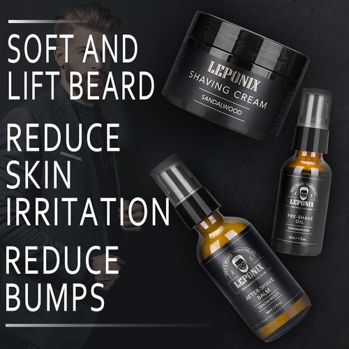 Shaving Kit for Men - Secret Santa Gift Set, Includes Safety Razor, Sandalwood Shaving Cream, Aftershave, Pre-shave Oil, Brush, Bowl & Apron Bib - Christmas Gifts for Him Husband Dad Stocking Stuffers