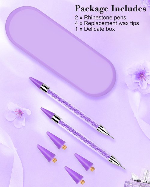 Rolybag Rhinestone Picker Tool, 2PCS Rhinestone Applicator Tool Dotting Wax Pen Dual-Ended with 4PCS Replaceable Wax Tips for DIY Nail Art Tool (Purple)