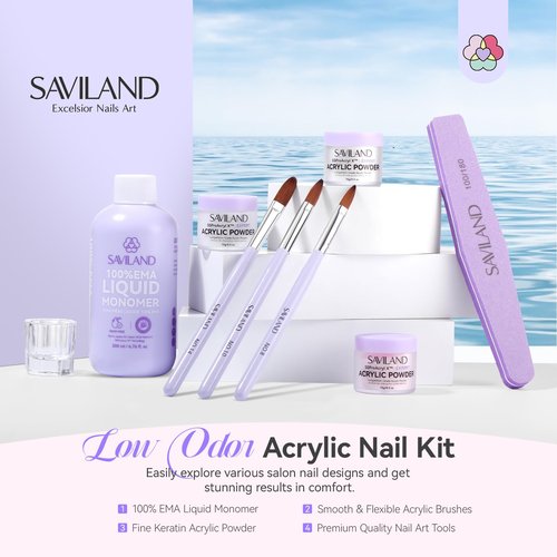 SAVILAND Acrylic Nail Kit with Everything: Hema-Free & Low-Odor Professional Acrylic Powder and 200ml Liquid Set with Size 8 10 14 Nail Brushes, Forms & Tools for Extensions 3D Carving Home Salon Use