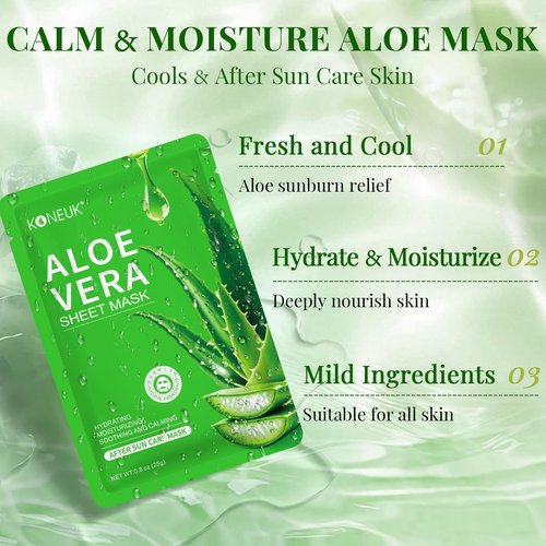 KONEUK 30 Pack Aloe Vera Hydrating Face Masks Skincare, Moisturizing & Soothing Sheet Face Mask for Skin Care, Bulk Aloe Face Masks for After Sun Care and Sunburn Relief