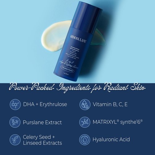 Mimosa Lane Self Tanner, 8-in-1 Age Defying Face Serum, Hydrating Gradual Tan, Sunless Tanner with Anti-Aging Hyaluronic Acid and Vitamin B, C, E, Fragrance-Free, Vegan, Dark, 1 oz