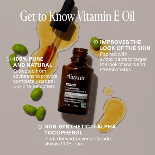 Cliganic Pure Vitamin E Oil for Skin, Scars, Hair & Face - 120,000 IU, Non-GMO Verified | Natural D-Alpha Tocopherol
