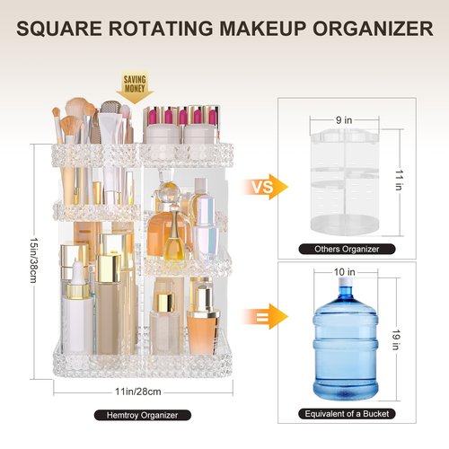 HEMTROY Rotating Makeup Organizer with Makeup Brush Holder, Large Capacity Perfume Organizer for Vanity Countertop, Acrylic Skincare Organizers Spinning Holder Storage Rack (Clear)