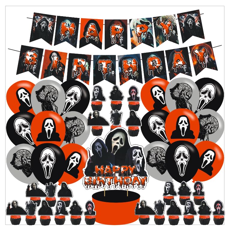 Scream Movie Party Decorations Set - Banner, Cake Topper, Cupcake Toppers & Balloons