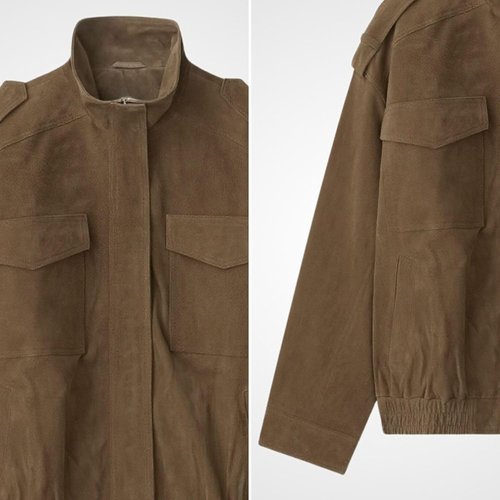 FindThy Women's Suede Leather Jacket - Vintage High Collar, Long Sleeve, Oversized with Pockets