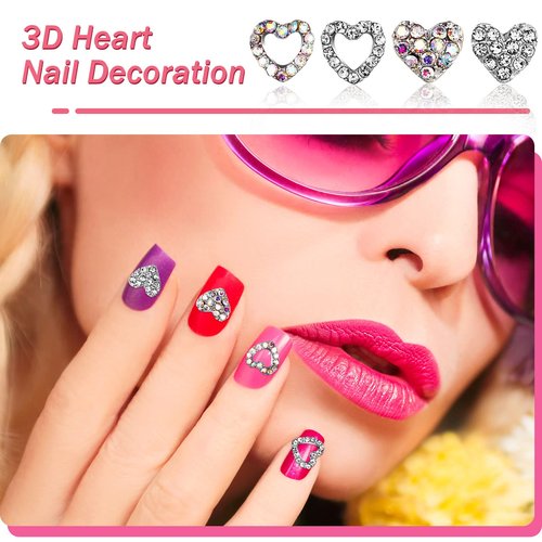 Leelosp 36 Pcs Heart Nail Charms for Nail Art, 3D Heart Rhinestone Decals Silver Crystal Charms Diamond Alloy Gems Decorations for Women Decoration