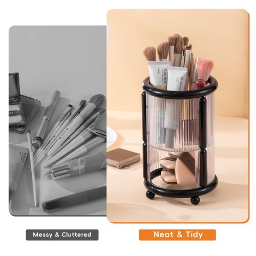 CLOKTA Makeup Brush Holder, 2 Tier Clear Cosmetic Tools Organizer, Round Makeup Organizer for Vanity Countertop (Black)