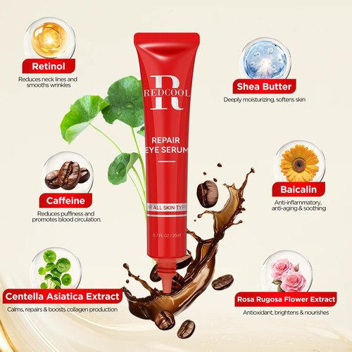Redcool Caffeine Eye Serum for Dark Circles & Puffiness - Anti-Wrinkle, Firming & Smooths Fine Lines - Retinol Under Eye Serum Treatment - 0.7 Fl Oz