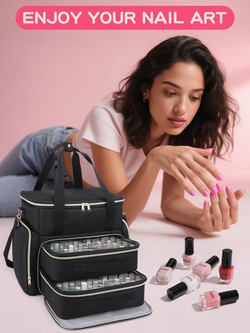 Nail Polish Organizer Case Holds 96 Bottles (15ml/0.5 fl.oz) and a Nail Dryer,Gel Polish Case Bag with 2 Removable Pouches,Nail Supplies Organizer for Nail Technicians & DIY Manicure Lovers,Black