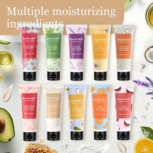DincherBel Hydrating Hand Cream Set - 10 Travel Size Non-Greasy Lotions for Dry Skin | 1.0 oz Each